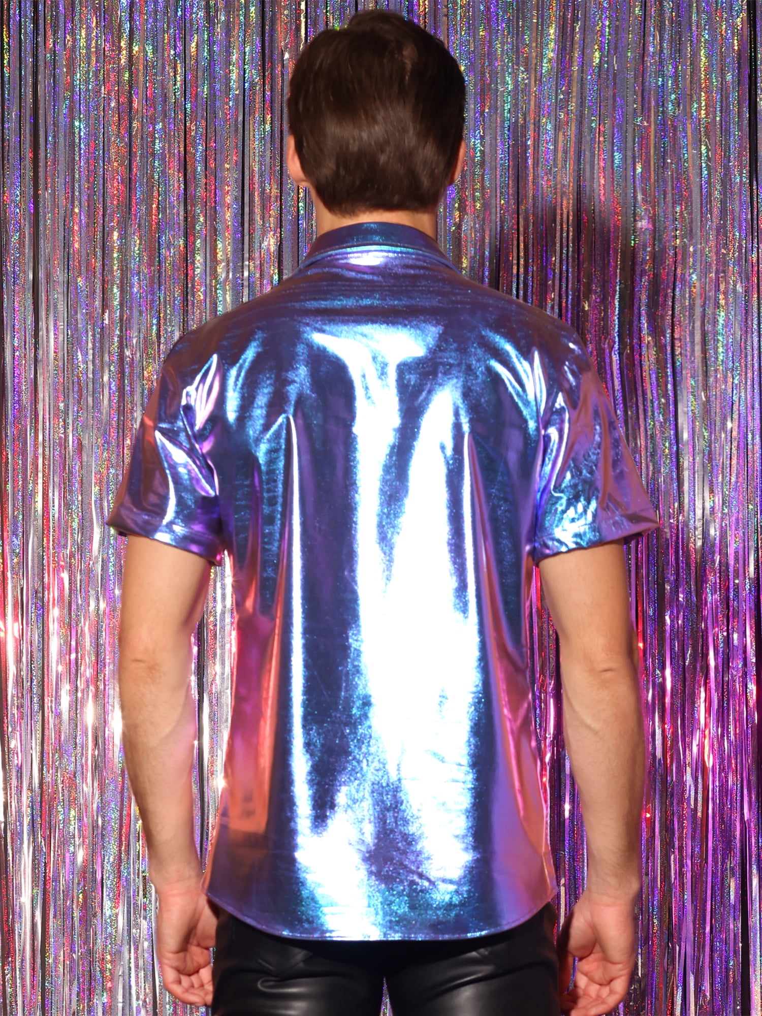 Unique Bargains Men's Holographic Shirt Button Down Party Shiny Metallic Shirt 2XL Purple