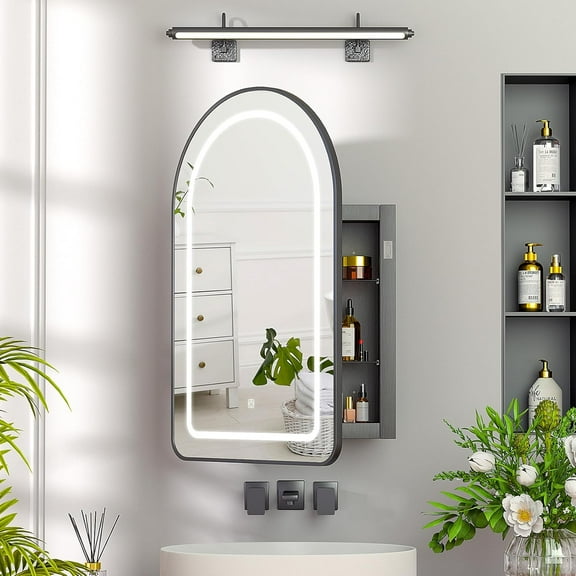 Recessed Medicine Cabinet with Lights,Brushed Black Arched Medicine Cabinet with Mirror for Bathroom,3-Color Lighted Mirrored Cabinet Wall Mounted,Bathroom Vanity Mirror with Storage,20x31