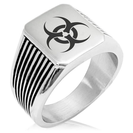 - Stainless Steel Biohazard Needle Stripe Pattern Biker Style Polished Ring