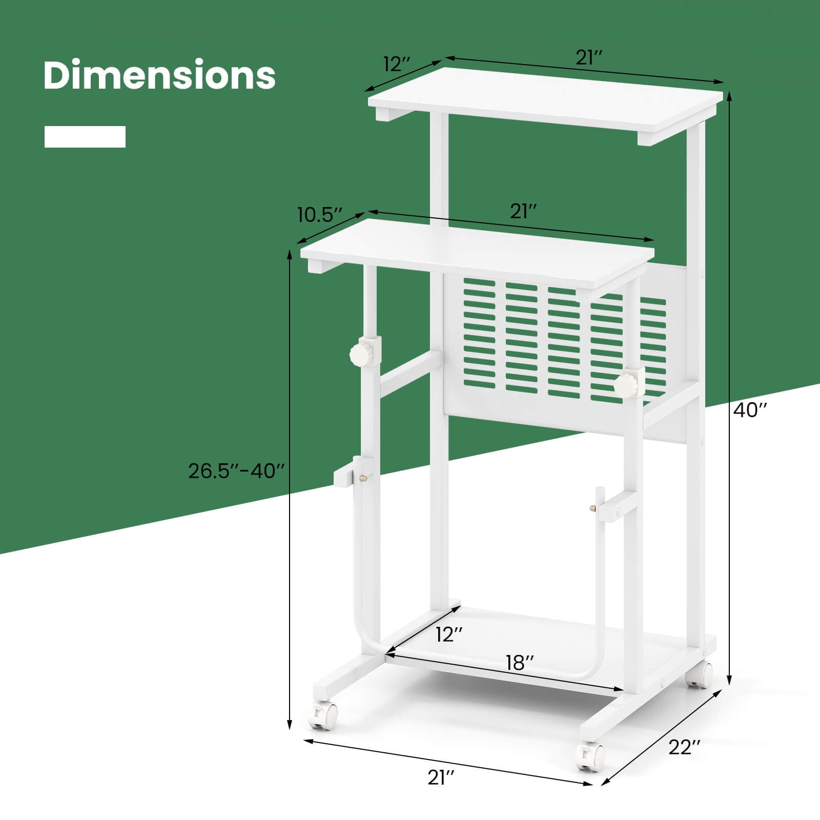 Costway Mobile Stand Up Desk Height Adjustable Computer Standing Desk with wheels &Footrest,White