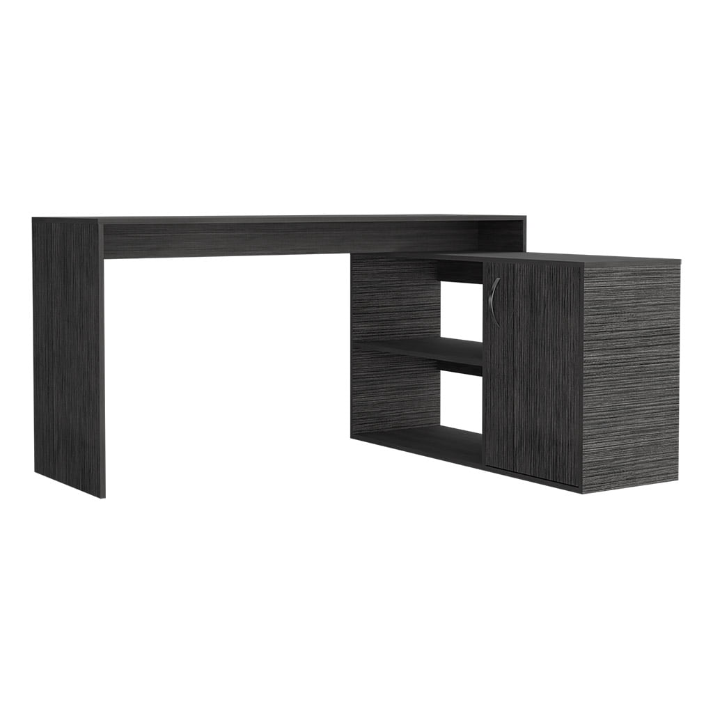 59 Inch Smokey Oak L Shaped Computer Desk with Open Shelves and Cabinet