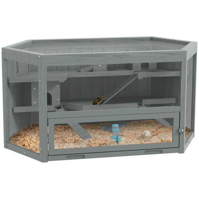PawHut 3 Tier Wooden Hamster Cage with Tray Seesaws Water Bottle Gray Walmart