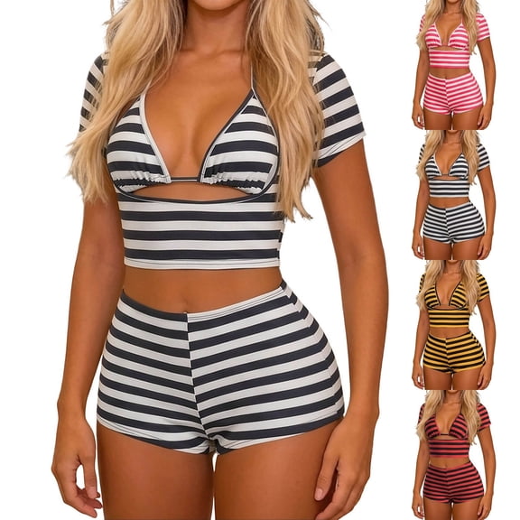 Arlun Women’s 3 Piece Stripe Outfits Short Sleeve Cut out Crop Top and Sleeveless Cami Bodycon Mini Shorts Set Y2k Color Block Stretchy Slim Fitted Summer Beach Party Matching Sets Yellow XS