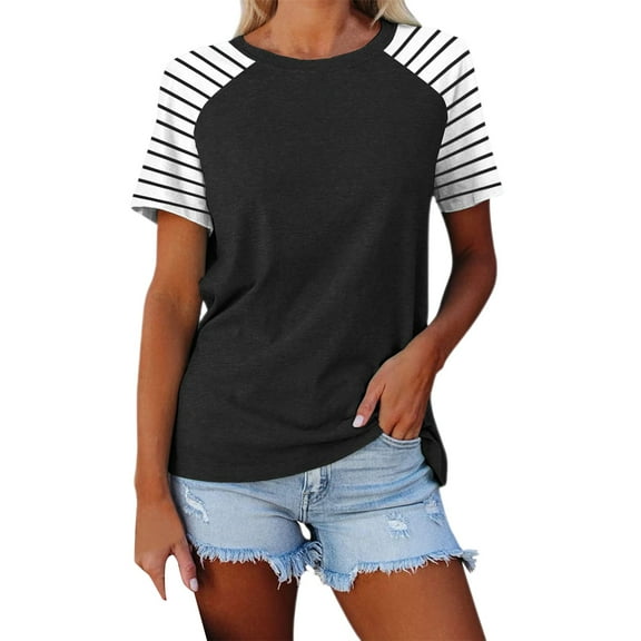 Delayuji Women's Round Neck Patchwork Striped Color Block Loose Casual Short Sleeved T Shirt Black Xl Polyester,Spandex Short Sleeve Shirts for Women