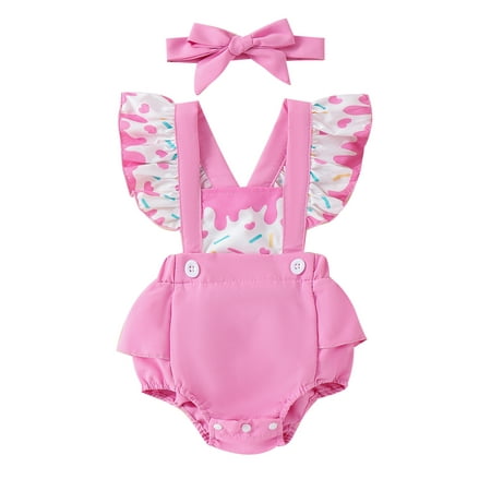 

FSDJHSDH Baby Girl Outfit Strawberry Print Fly Sleeve Overalls Bow Headband