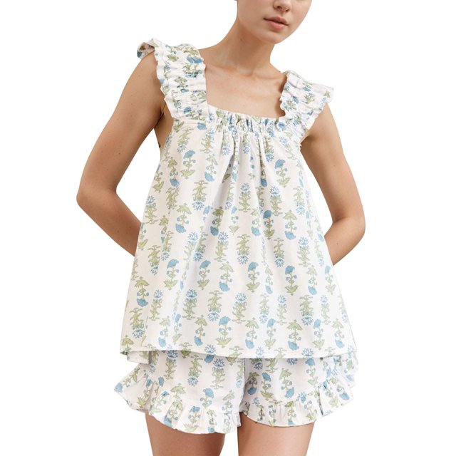 Conjunto de pijama Flygo Floral para mujer con camisa y pantalones cortos con volantes