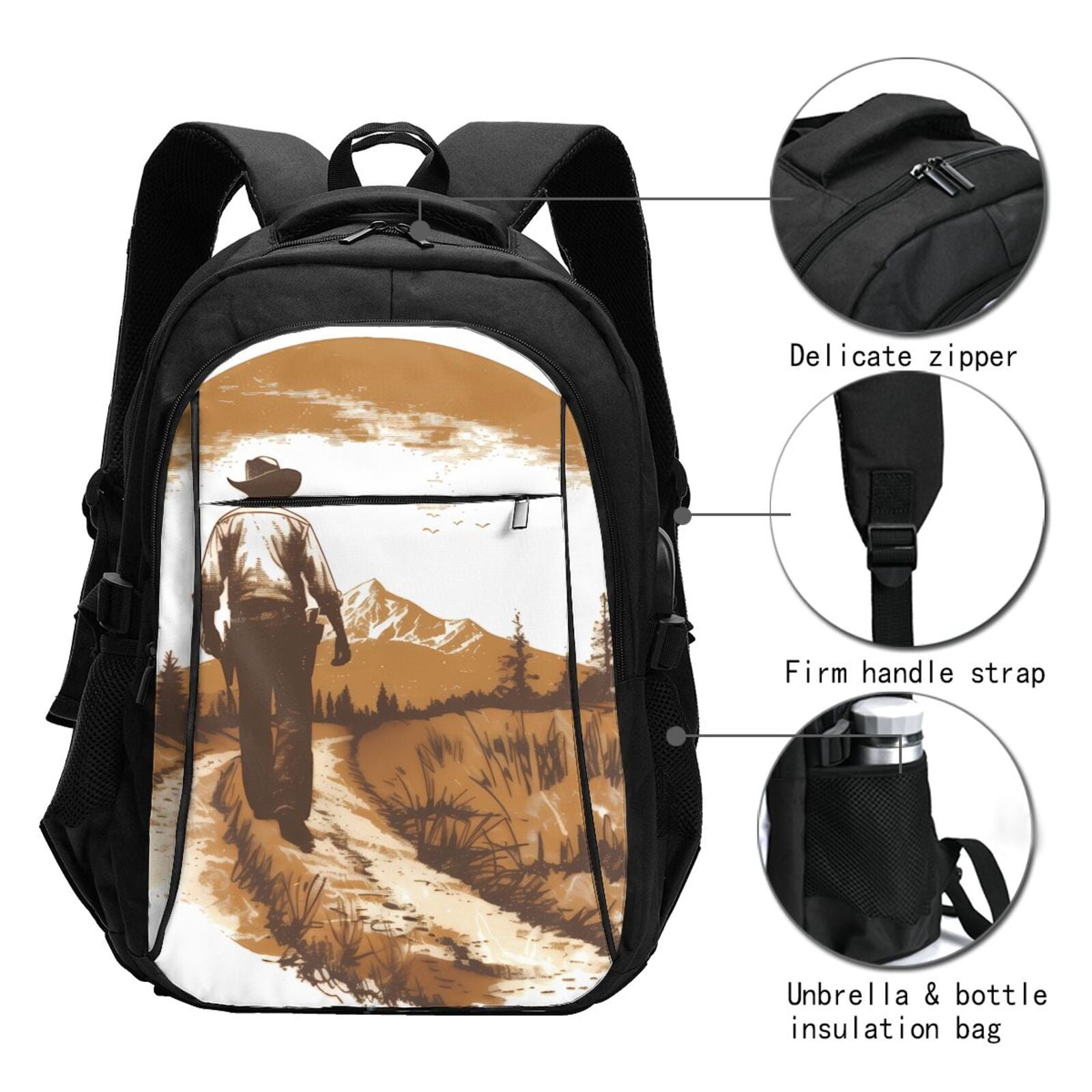 Vsdgher Western Cowboy Countryside Print Travel Laptop Backpack, Laptops Backpack with USB Charging Port, Water Resistant Computer Bag Gift for Men & Women