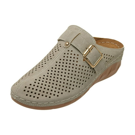 Beige Women'S Stylish Casual Summer Openwork Buckle Ornamented Covered Sandals Platform Wedge Heel Slippers For Outdoor Use