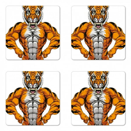 

Animal Coaster Set of 4 Wildlife Safari Animal Bodybuilder Tiger Cartoon Image Square Hardboard Gloss Coasters Standard Size Pale Grey Marigold by Ambesonne