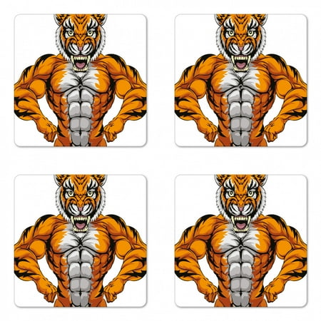 

Animal Coaster Set of 4 Wildlife Safari Animal Bodybuilder Tiger Cartoon Image Square Hardboard Gloss Coasters Standard Size Pale Grey Marigold by Ambesonne