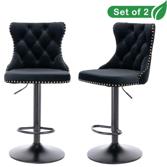 GAKMCIL Swivel Velvet Upholstered Barstools with 25-33in Adjustatble Seat Height, 360°Swivel, Footrest, Black Chrome base, Comfy Tufted, 300lb Load for Home Pub, Kitchen Island (Set of 2, Black)