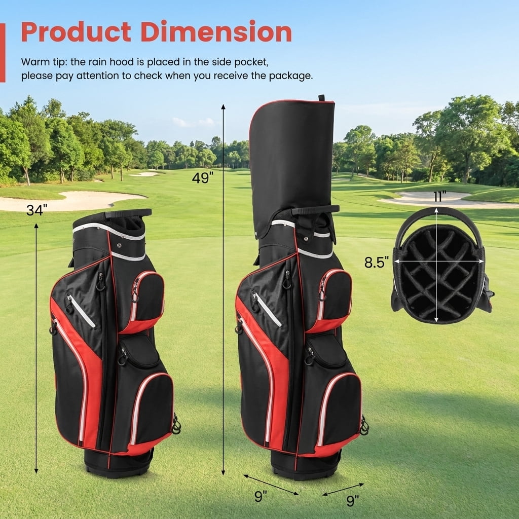Airfind Tour-Cart 14-Way Golf Cart Bag with Color-Matched Rain Hood and Towel Ring featuring 9 zip pockets and a 9 in cart-well base for cart play, Sport Red