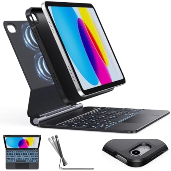 Detachable Keyboard Case with Floating Cantilever Stand for iPad 10th/11th Gen A16, 7-Color Backlight & Smart Trackpad,Black