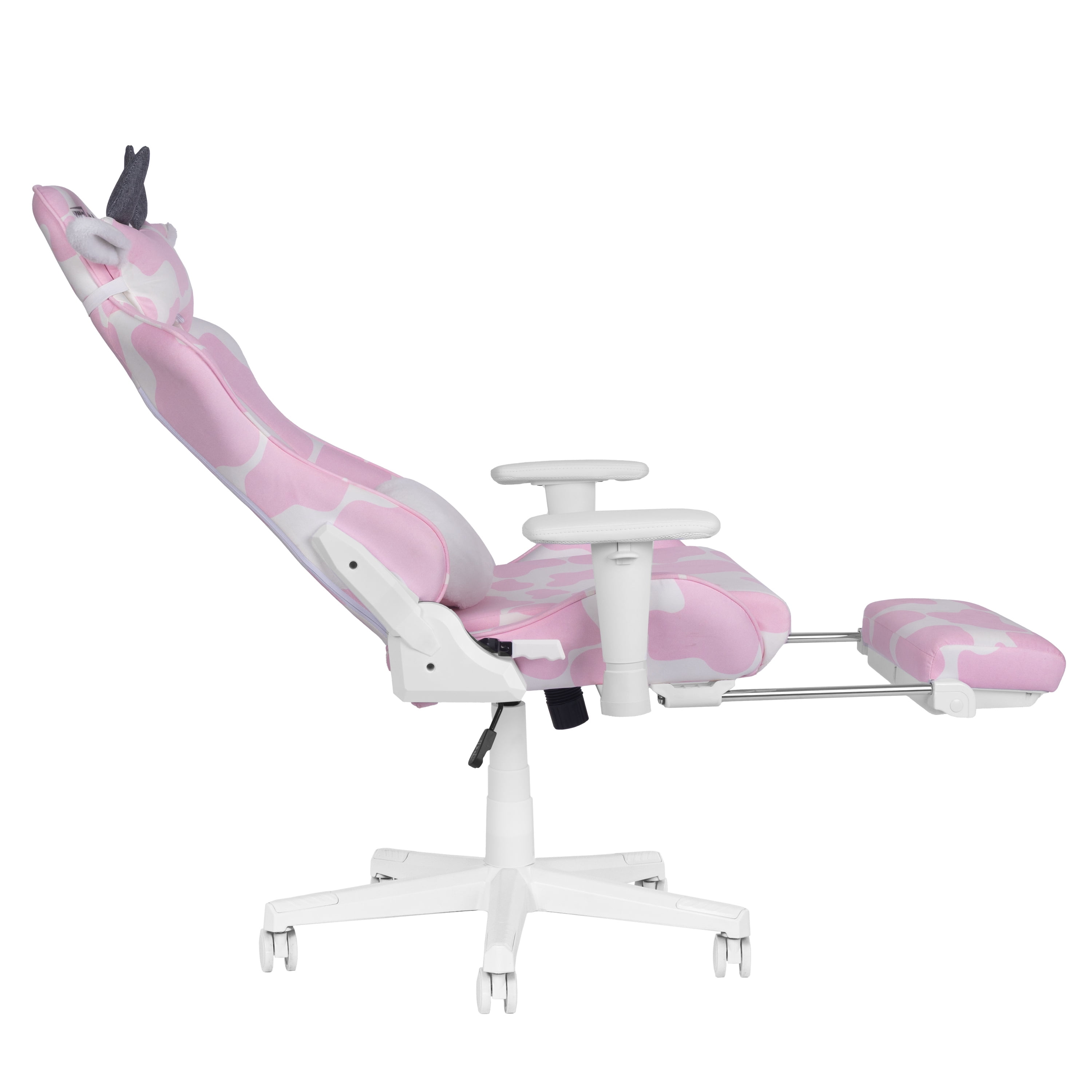 Techni Sport Pink Cow Print Gaming Chair w/ Footrest, Lumbar Support, Recline & 300 lb Capacity