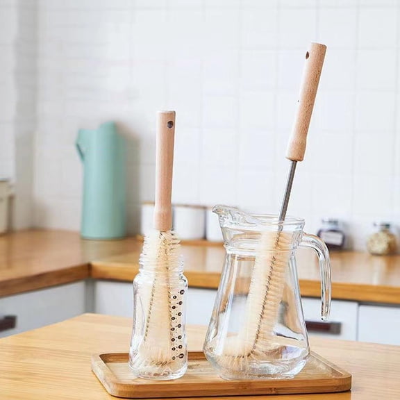 QHUDLV Long Bottle Brush Cleaner with Wooden Handle - Water Bottle Brush Soft Bristles Dish Brush for Cleaning Cups, Bottles & Dishes