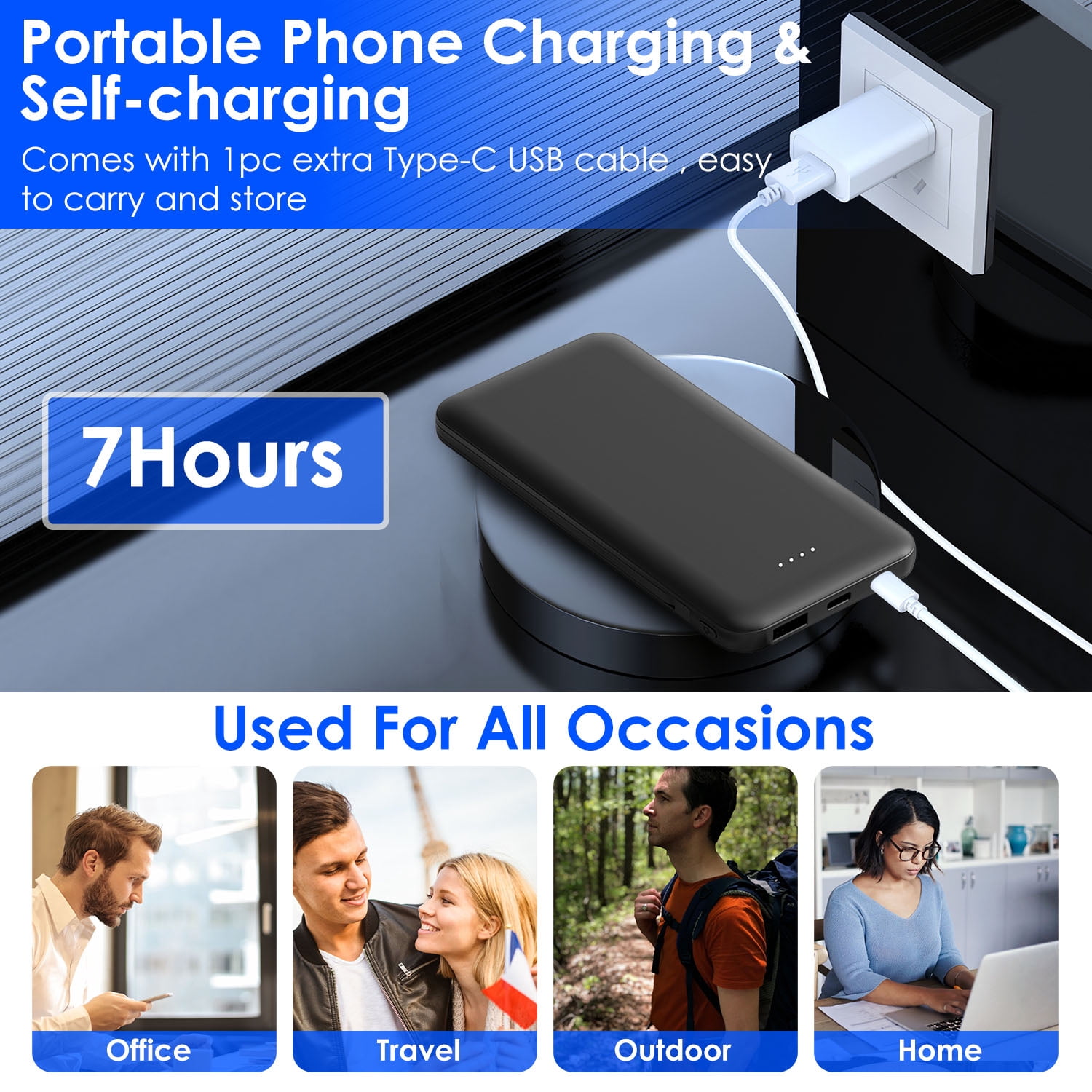 Portable 10000mAh Power Bank  External Battery Pack Phone Charger with LT Type-C Double-ended Cable Black
