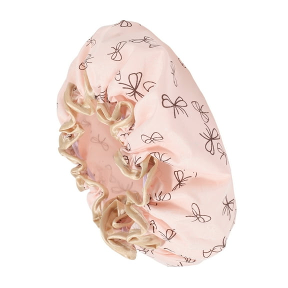Vocoste 1 Pc Women Double Layer Bow Pattern Shower Cap for Bathroom Vacation Travel Pink Polyester Cotton PEVA