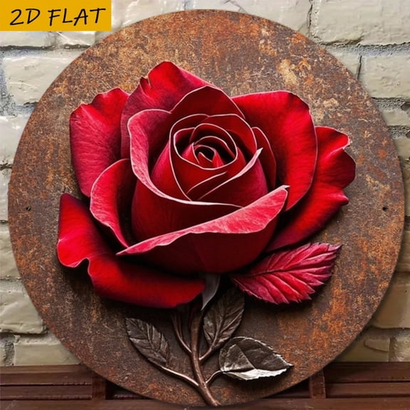 HELLOYOUNG Vintage 8 Inch Red Rose Metal Wall Art, 3D Aluminum Floral Plaque for Home Bar Bedroom Living Room Decor