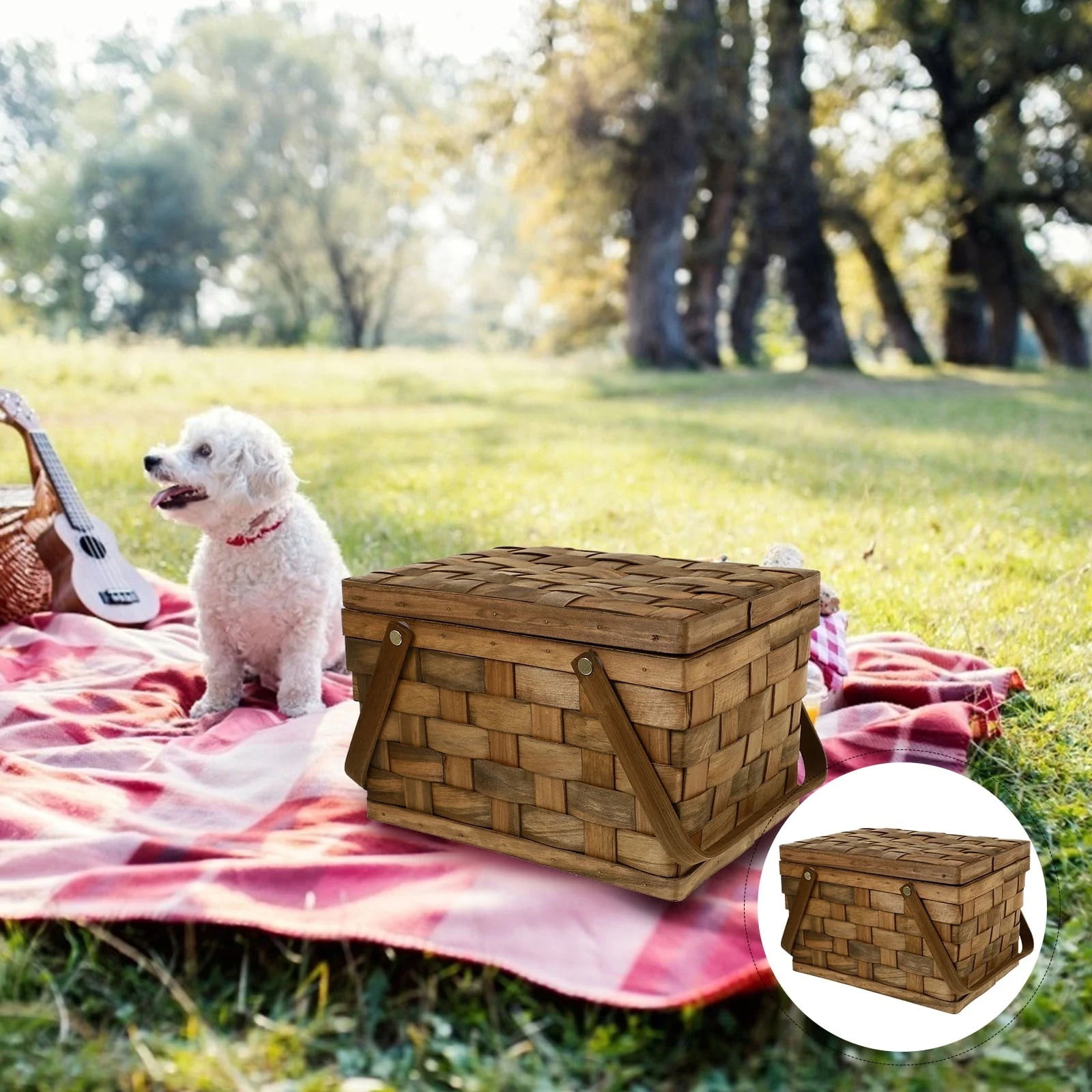 Clearance Ewgqwb Wood Chip Woven Picnic Basket With Lid For Storage Handle Basket Bread Display Basket Wedding Props Basket