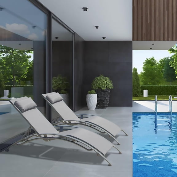 Domi Pool Lounge Chairs Set of 2, Adjustable Aluminum Outdoor Chaise Lounges for Deck Lawn Poolside Backyard Patio, All Weather Textilene Fabric, Grey