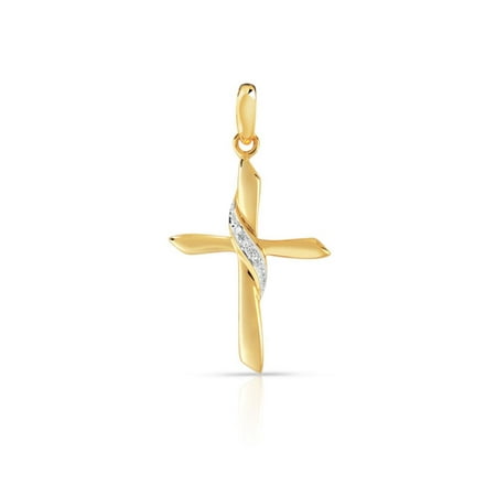 Trillion Designs 10K Yellow Gold 0.09 Ct Round Cut Natural Diamond Cross Pendant Necklace (HI-I2)