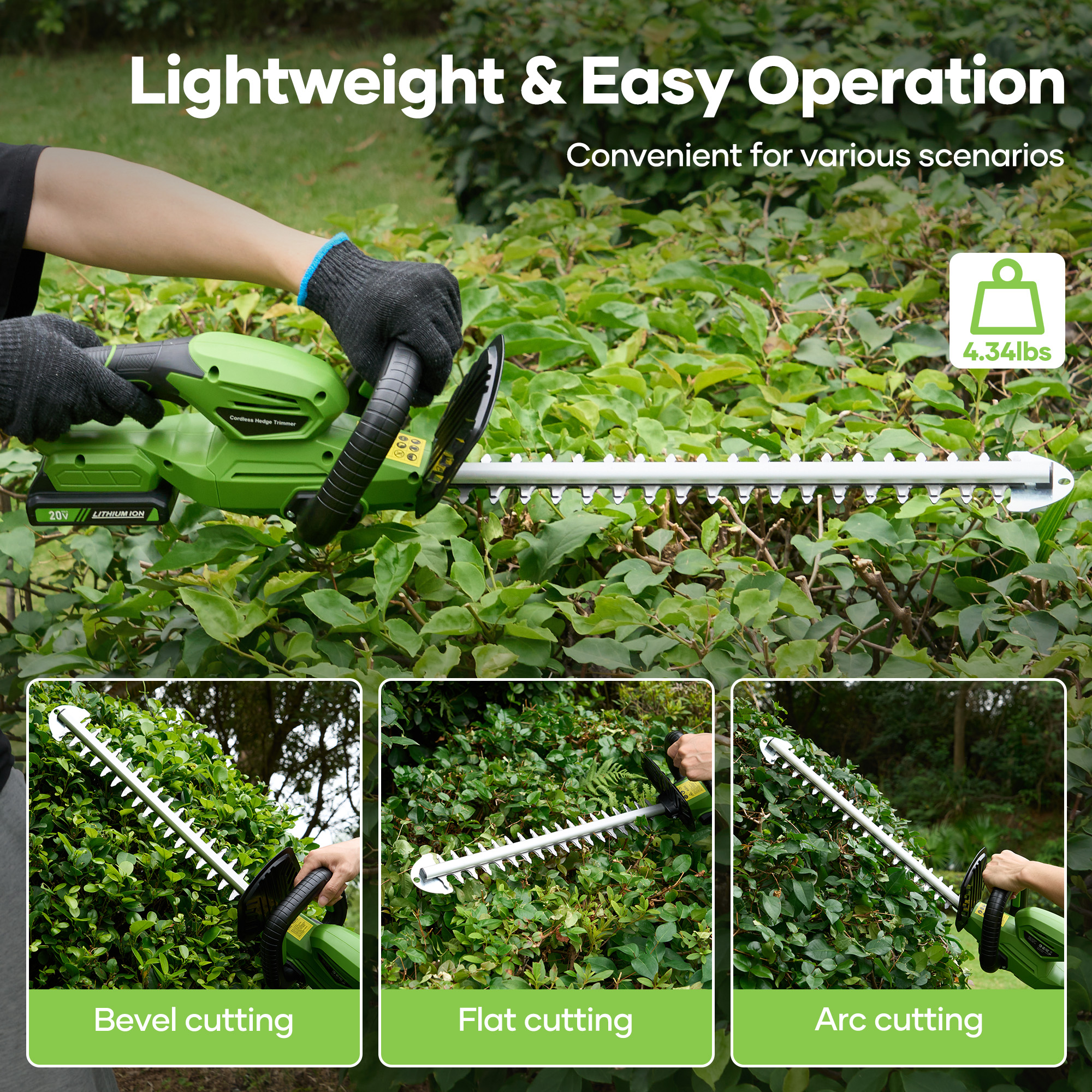 TACKLIFE 20V 19In Cordless Hedge Trimmer with 2.0Ah Battery & Charger, Electric Hedge Trimmer with SK5 Durable Dual-Action Blades, for Bush & Shrub Cutting, Trimming, Pruning, Portable,Green