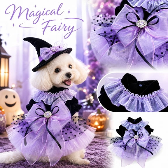 Dog and Cat Butterfly Princess Lace Tutu Dress with Witch Hat, Halloween Dog Girl Set, Kitten Chihuahua York Pomeranian Pet Clothing