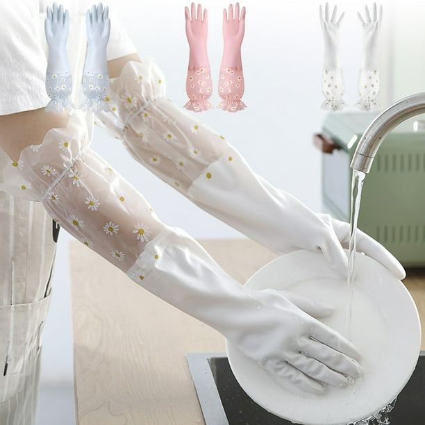 Guantes largos para fregar platos | Guante de limpieza de cocina de goma duradero | Accesorio impermeable para la lavandería doméstica | Diseño elegante, muñeca plisada | Blanco/Azul/Rosa