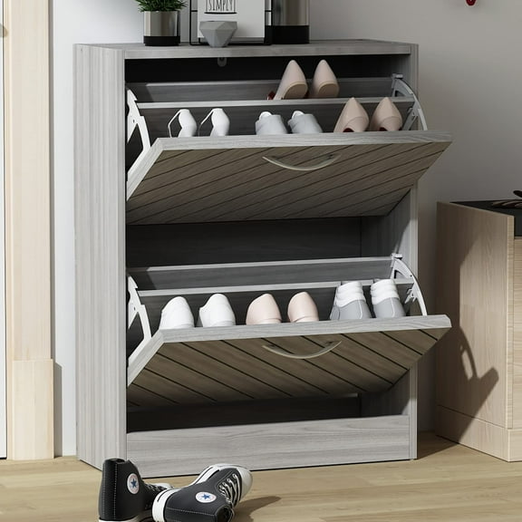 FUFU&GAGA Shoe Cabinet with 2 Flip Drawers for Entryway, Modern Shoe Storage Cabinet, Freestanding Shoe Rack Storage Organizer (23.6”W x 9.4”D x 31.4”H) (Light Grey)