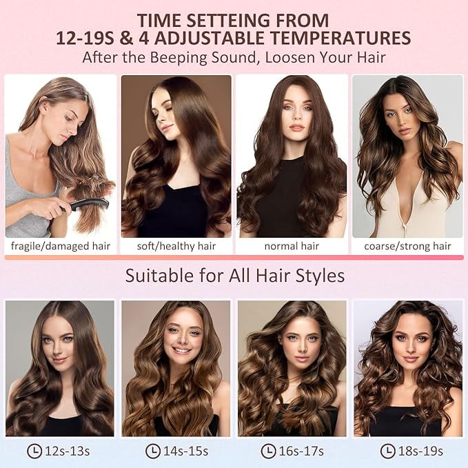 RKXQT Automatic Curling Iron, Hair Curler 1" Large Slot, 4 Temperature Settings, 12s-19s Timers, Dual Voltage, Anti-Scald, Anti-Tangle, Auto Shut-Off, LCD Display, Fast Heating Easy for Use, Pink