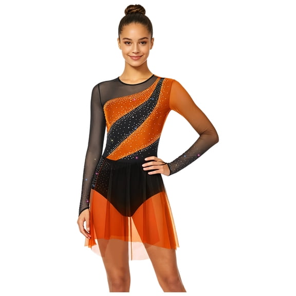 SiiRoh Womens Gymnastics Latin Ballet Dance Leotard Dress Rhinestones Gradient Mesh Skirt for Stage Ballroom Dance Performance Orange XL