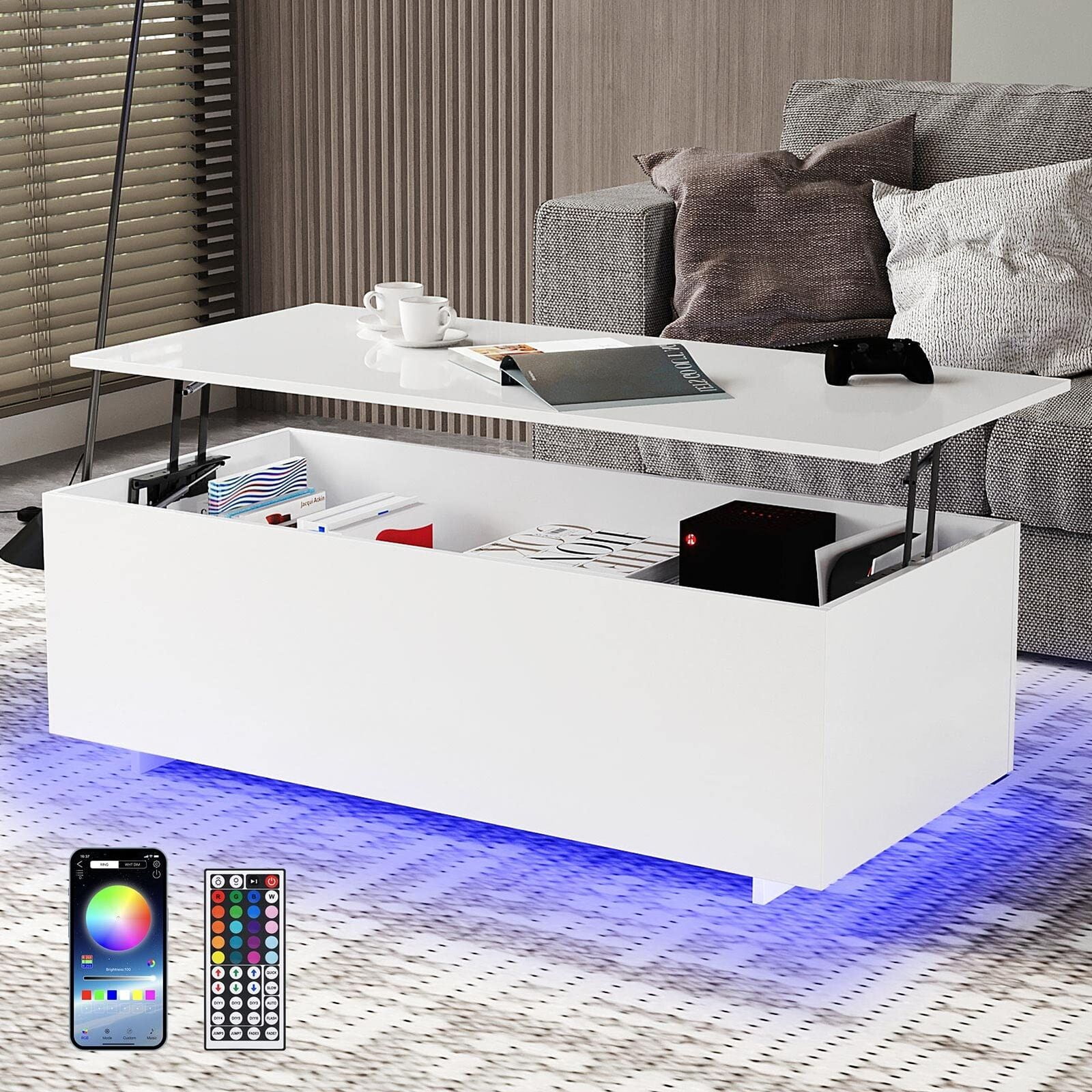 SHIYAO 47inch Modern LED Coffee Tables Lift Top with Storage and Hidden