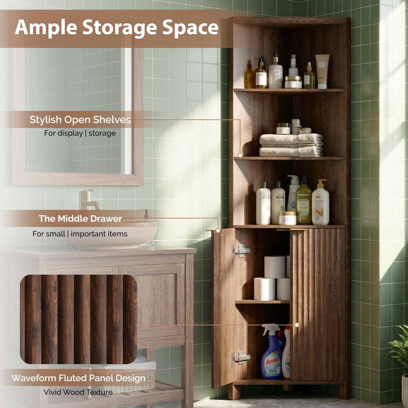 Ktaxon Corner Bathroom Cabinet with Fluted Double - doors, 5 - Tier Freestanding Storage, Walnut