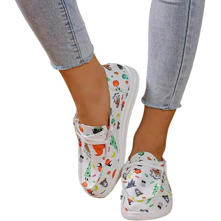 2024 women s fashion Halloween shoes pumpkin print canvas low-top sneakers  2024 new Halloween thick-soled slip-on flat loafers for girls