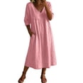 thumbnail image 2 of FDGIU Women's V Neck 3/4 Sleeve High Waist Gathered Pocket Loose Flowy Linen Midi Dress, Boho Beach Vacation Casual Home Lounge Swing Long Dresses, 2 of 6