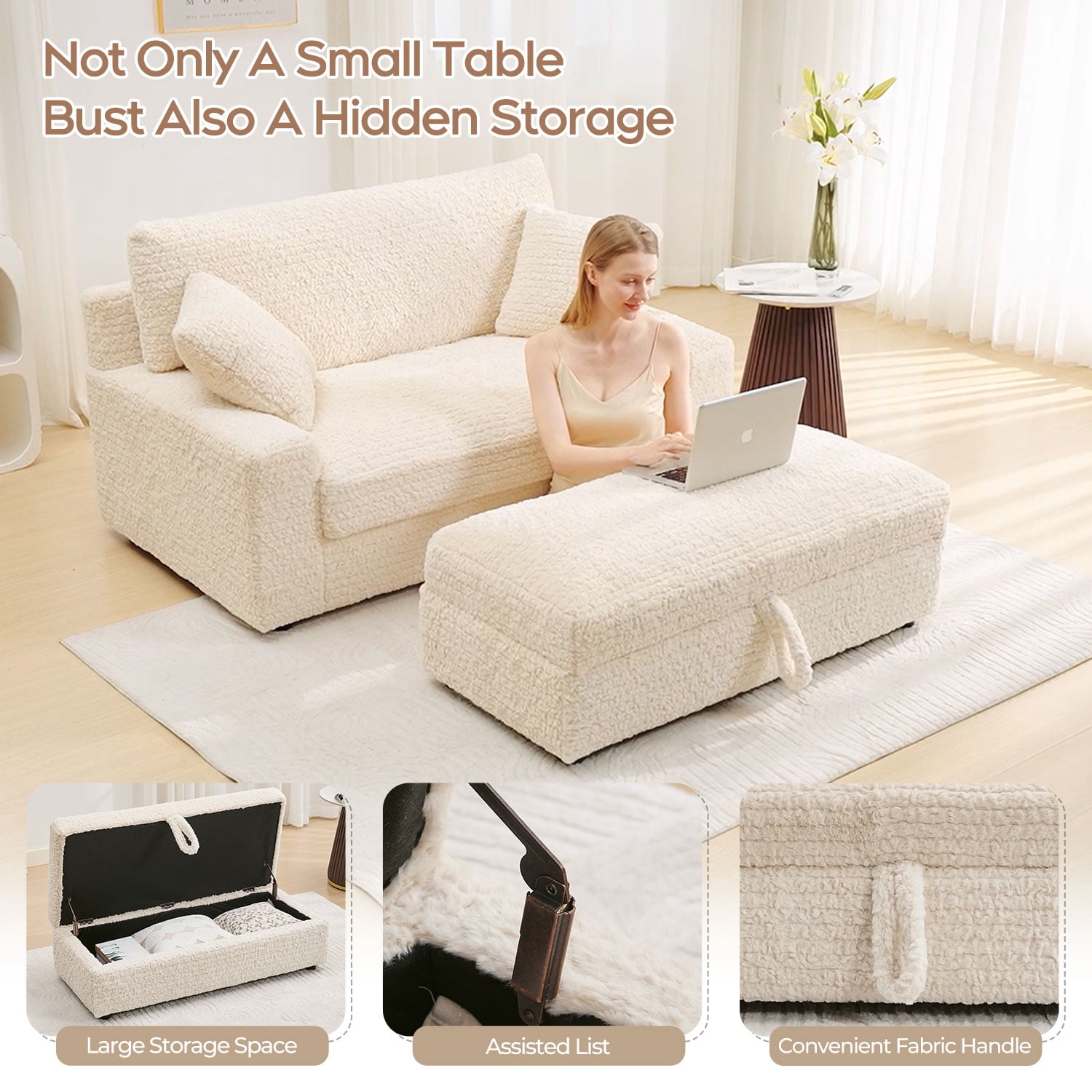 Boucle Oversized and Convertible Sleeper Loveseat with Storage Ottoman and Pillows, Beige