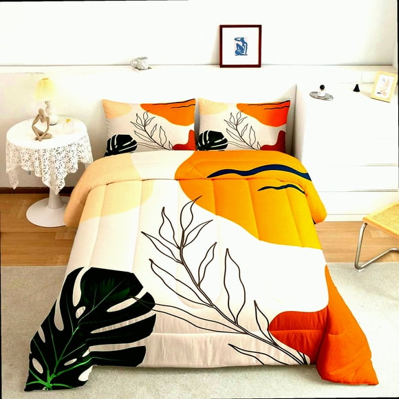 Sunleaf Boho Comforter Set - Twin Size Abstract Botanical Bedding - Modern Exotic Green Yellow Down Comforter - 2Pcs Bedding Set
