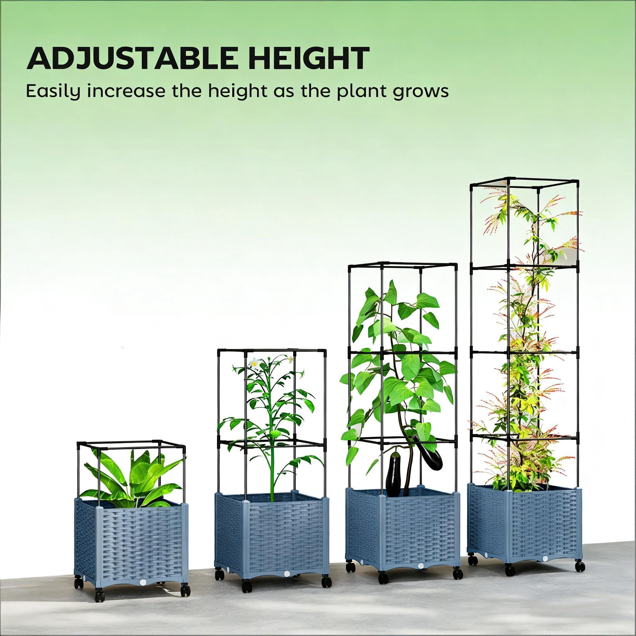 Mobile Raised Garden Bed, Adjustable Height Trellis Plant Cage