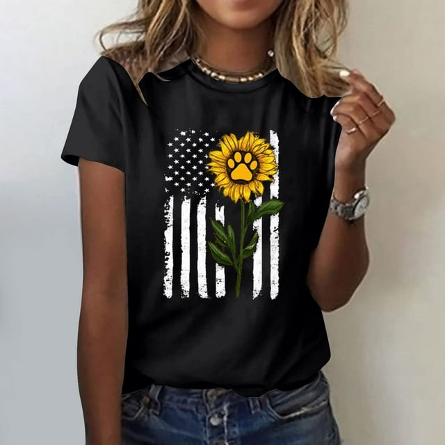 LSLJS Chemise Drapeau Américain Femme Décontractée Été Imprimée Manches Courtes Col Rond T-Shirt Ample Blouse Independence Day
