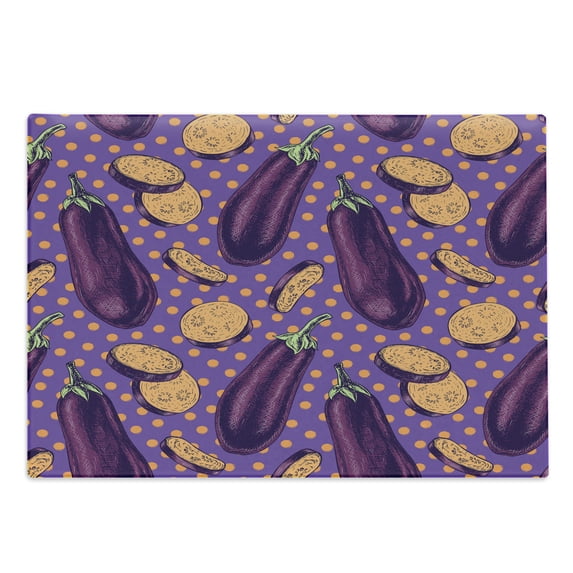Eggplant Cutting Board, Realistic Looking Eggplants with Eighties Inspired and Dotted Purple Background, Decorative Tempered Glass Cutting and Serving Board, Large Size, Purple Orange, by Ambesonne