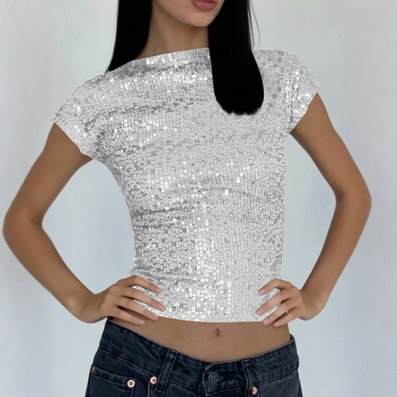 Ailaofu Women's Round Neck Glitter Sequins Shirts Top Casual Cap Sleeve Party Tee Tops