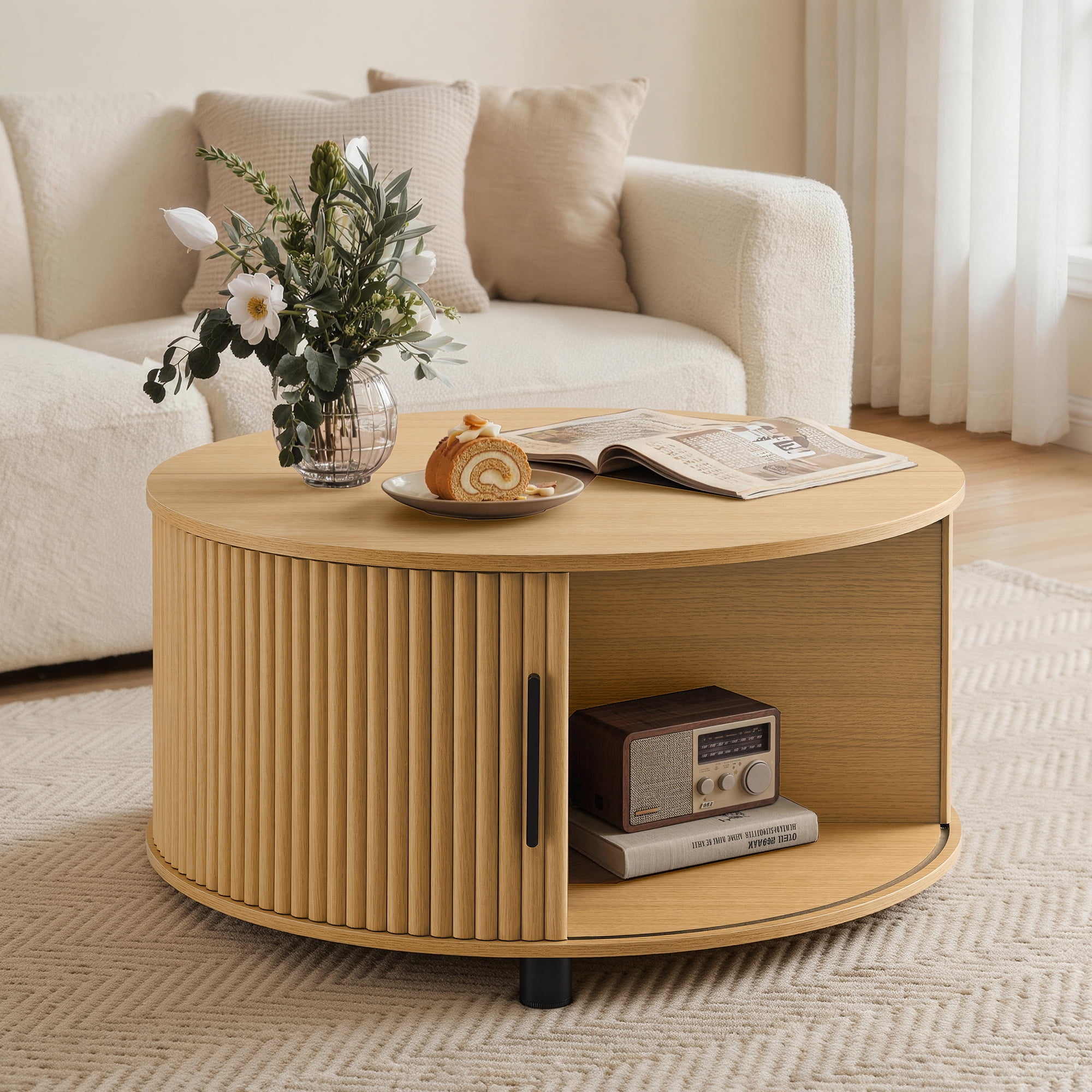 Spruce & Spring 31.5" Round Lift-Top Coffee Table with Storage, Fluted Drum Table with Sliding Door & Curved Pet Opening, Mid-Century Modern Wood Coffee Table for Living Room and Small Spaces, Oak