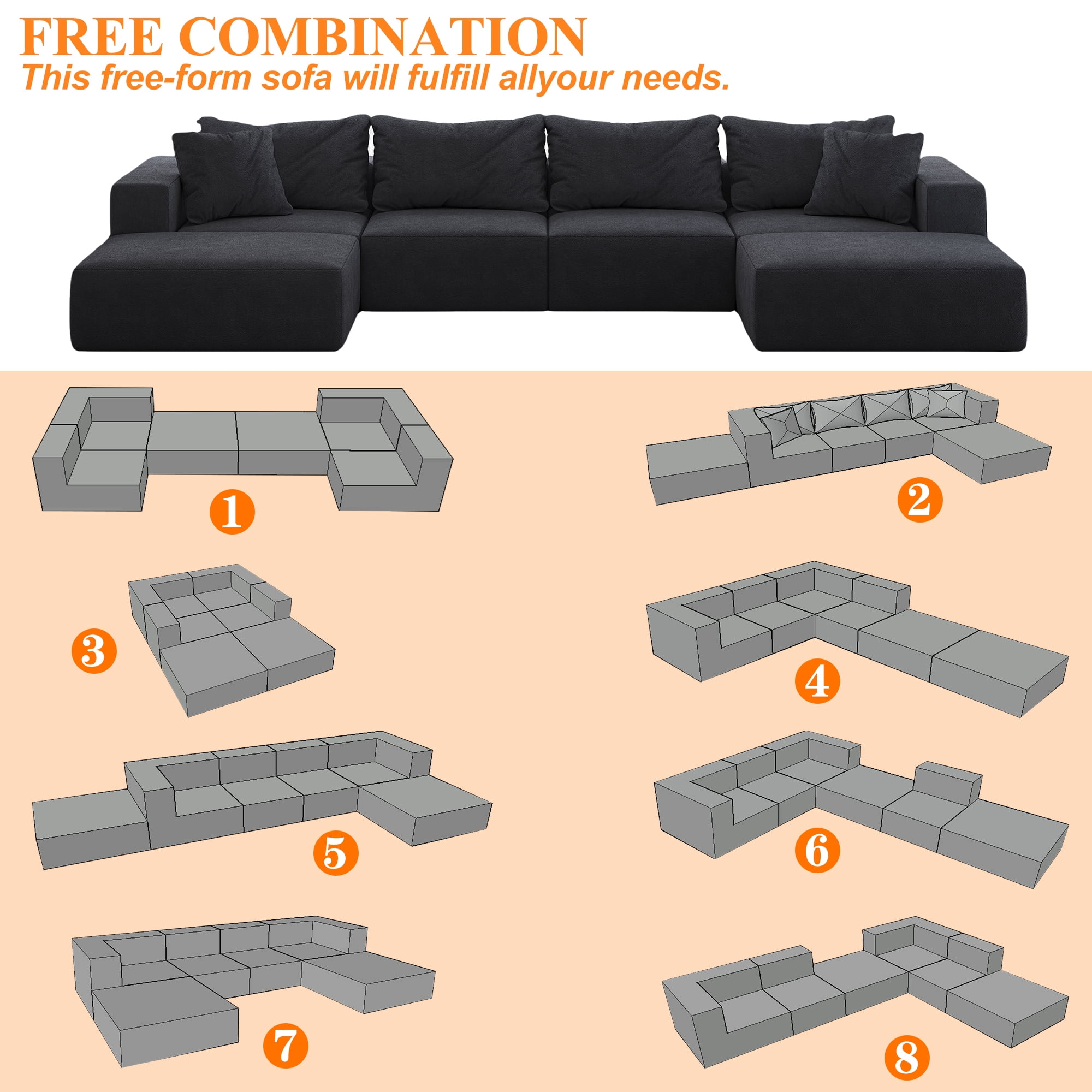 Vinform 162" Modern Upholstered Sectional Sofa with 6 Pillows, Free Combination Sectional Sofa Set for Living Room, Gray