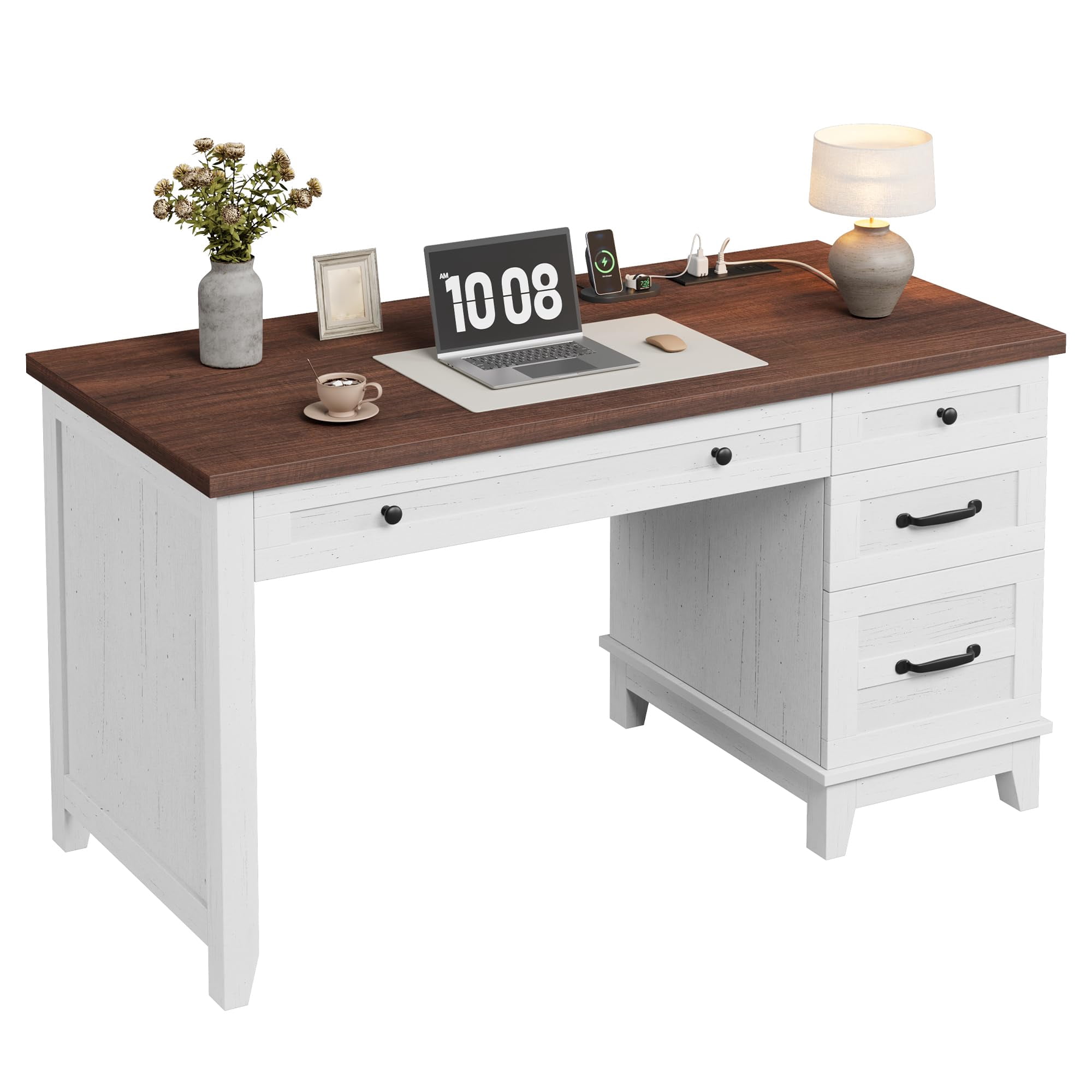 Accreate Farmhouse Office Desk with Charging Station & File Drawer | 53.5" Wooden Computer Desk with Built-in USB Ports, Executive Computer Desk Workspace for Home Office