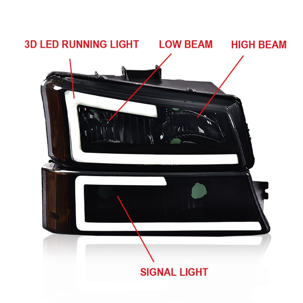 CROSSDESIGN LED DRL Headlights Projector Headlamps Fit for Chevy Silverado/Avalanche 2003-2006
