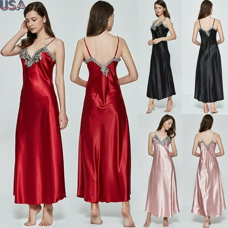 

USA Women V-neck Satin Silk Lace Lingerie Pajama Night Dress Nightgown Sleepwear