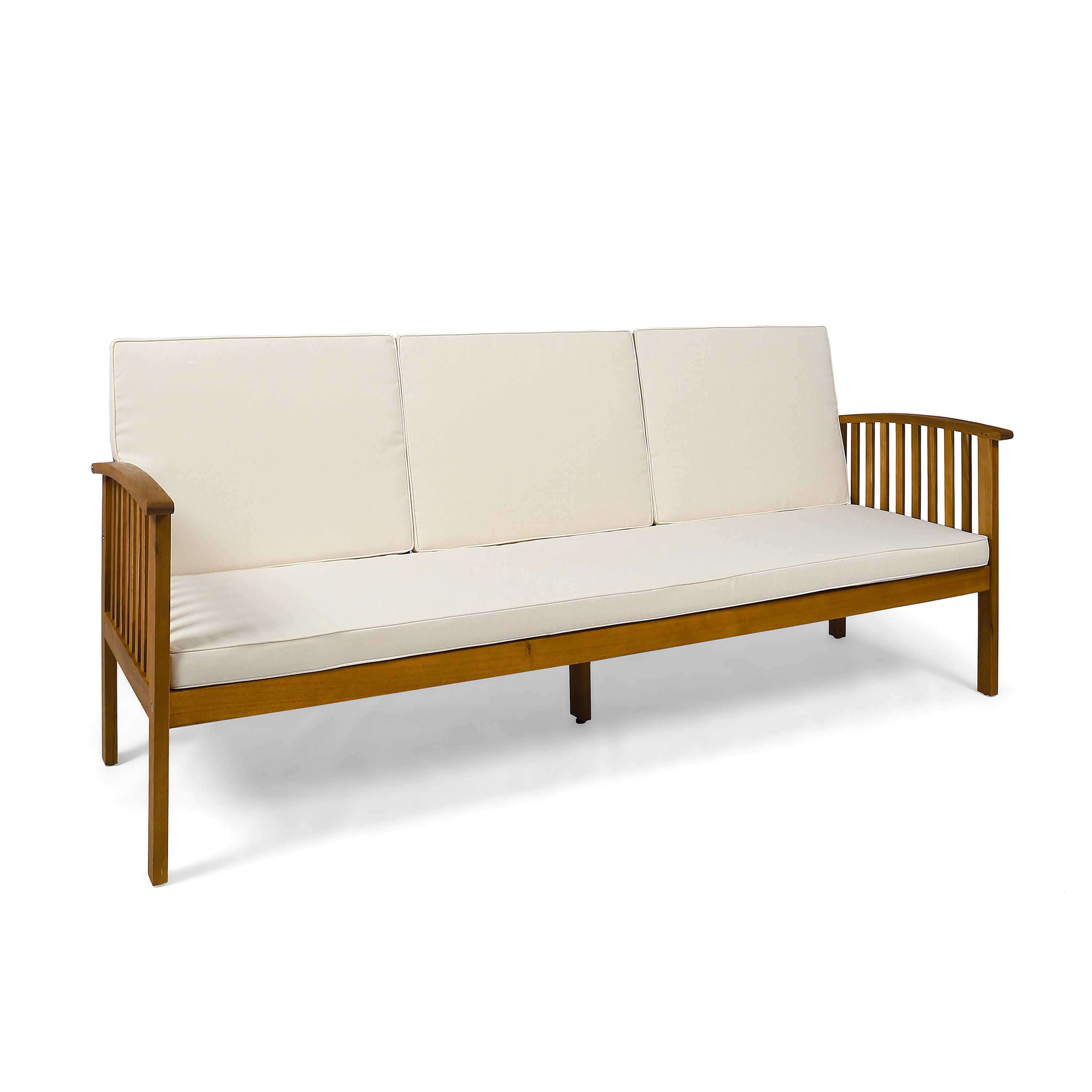 Outdoor 3 Seater Leisure Sofa, Solid Acacia Wood Frame Outdoor Couch for Patio Garden, Teak and Beige