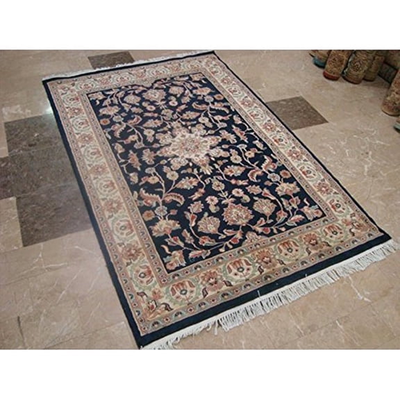 Ahmedani Linen Wow Exclusive Navy Dark Blue Floral Medallion Home Decor Hand Knotted Adult Indoor Rug Carpet (6 x 4)'