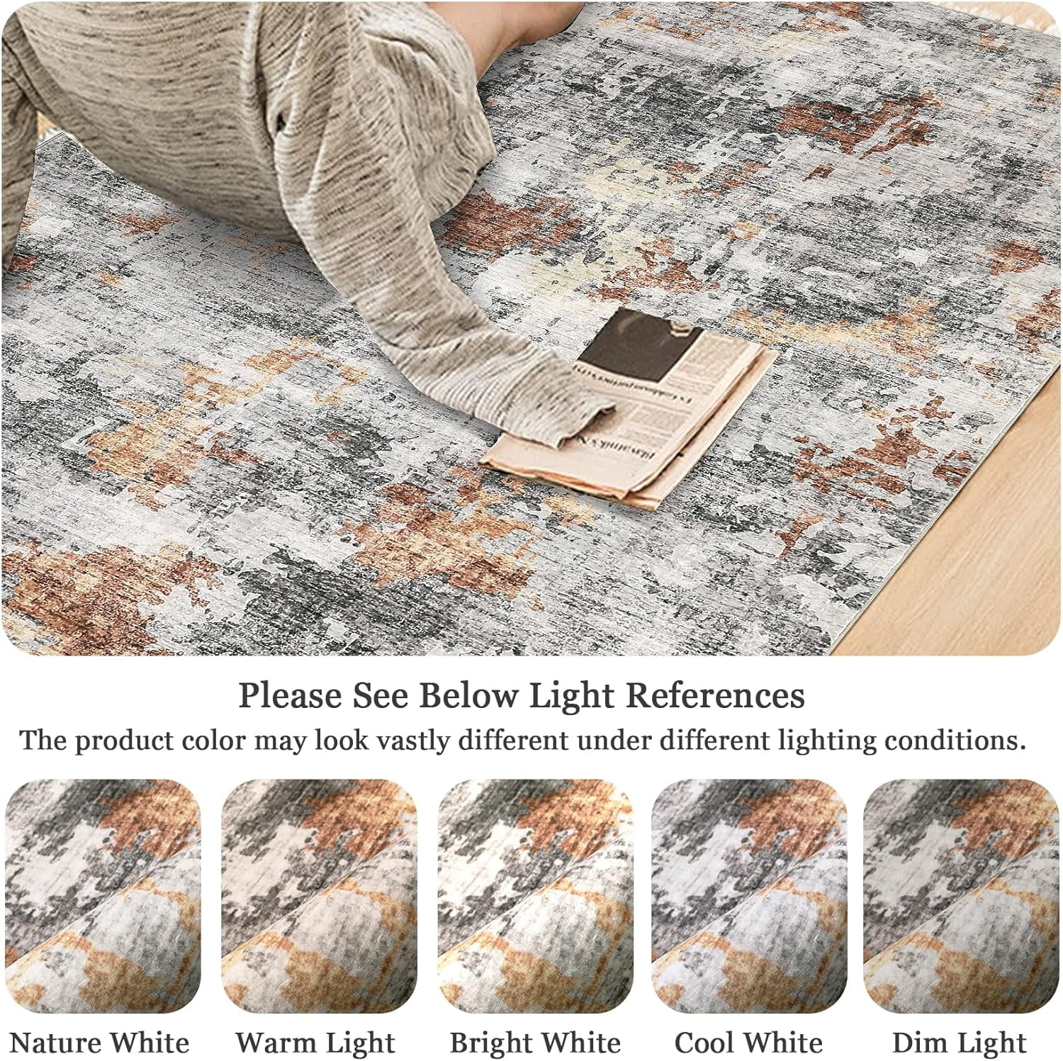 Washable Area Rugs for Living Room, 6x9 Soft Abstract Bedroom Rug Foldable Non-Slip Low Pile Area Rug Throw Carpet for Dining Room Home (Grey/Rust, 6'x9')