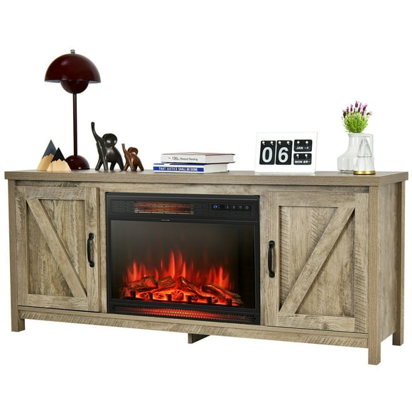 Gymax 59'' Fireplace TV Stand W/ 25'' 1350W Electric Fireplace Heater Natural